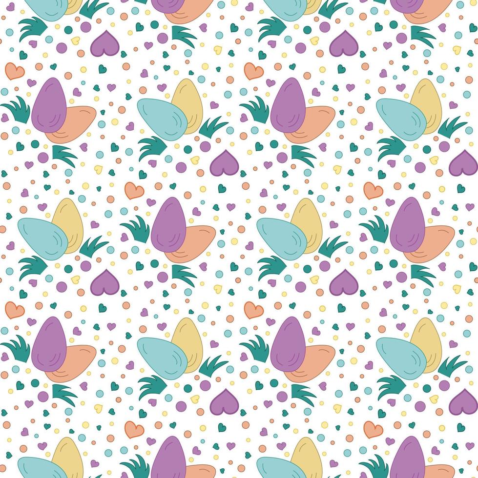 Seamless pattern eggs Easter and hearts. Doodle vector illustration. Texture of Easter gift, textile
