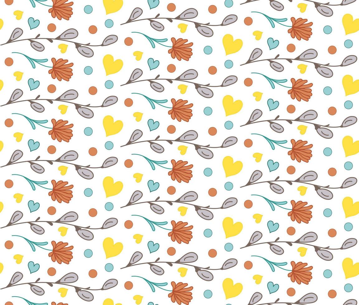 Doodle seamless pattern with flowers, twigs, Willow buds, hearts. Vector Texture paper gift, textile