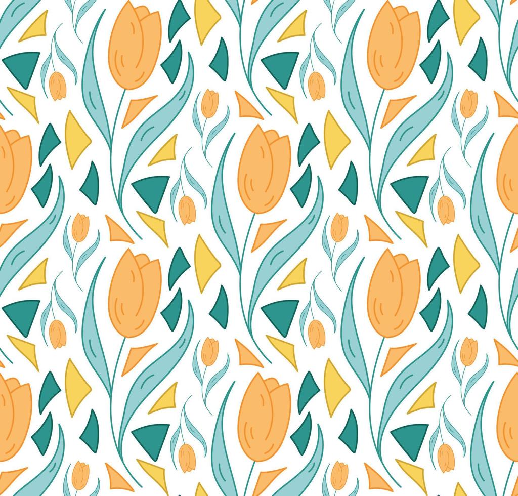 Seamless pattern tulip, triangle. Spring geometric vector pattern orenge, yellow, green color.