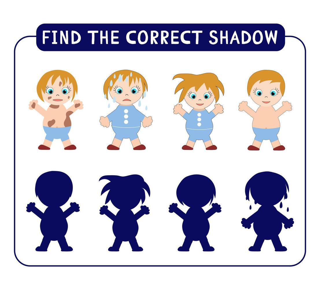 Find correct shadows. Clean, dirty, shaggy, wet Vector illustration. Worksheet development baby.