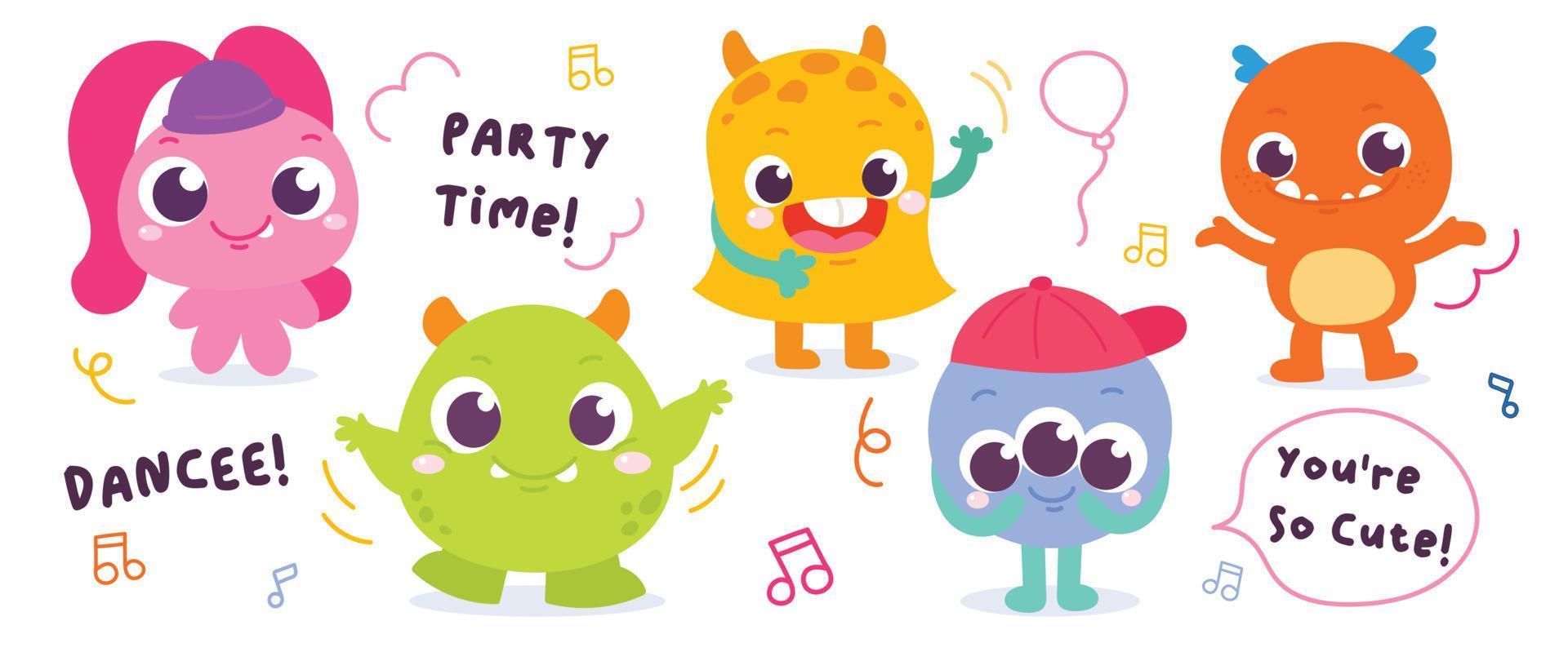 Cute and Kawaii monster kids icon set. Collection of cute cartoon monster in different playful characters. Funny devil, alien, demon and creature flat vector design for comic, education, presentation.
