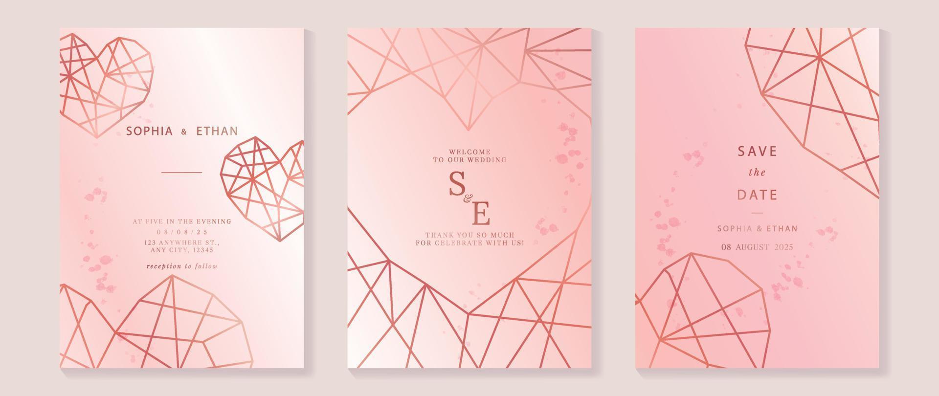 Luxury wedding invitation card background vector. Elegant geometric metallic red gold heart shape line art background. Premium design illustration for wedding and vip cover template, banner, poster. vector