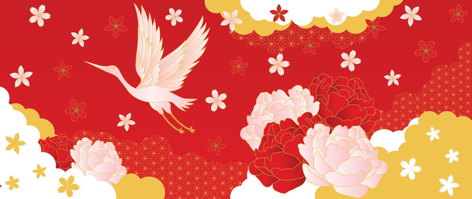 Luxury abstract oriental pattern background vector. Elegant japanese pattern gold line art design with crane bird, peony, sakura flowers. Design illustration for home decoration, card, poster. vector