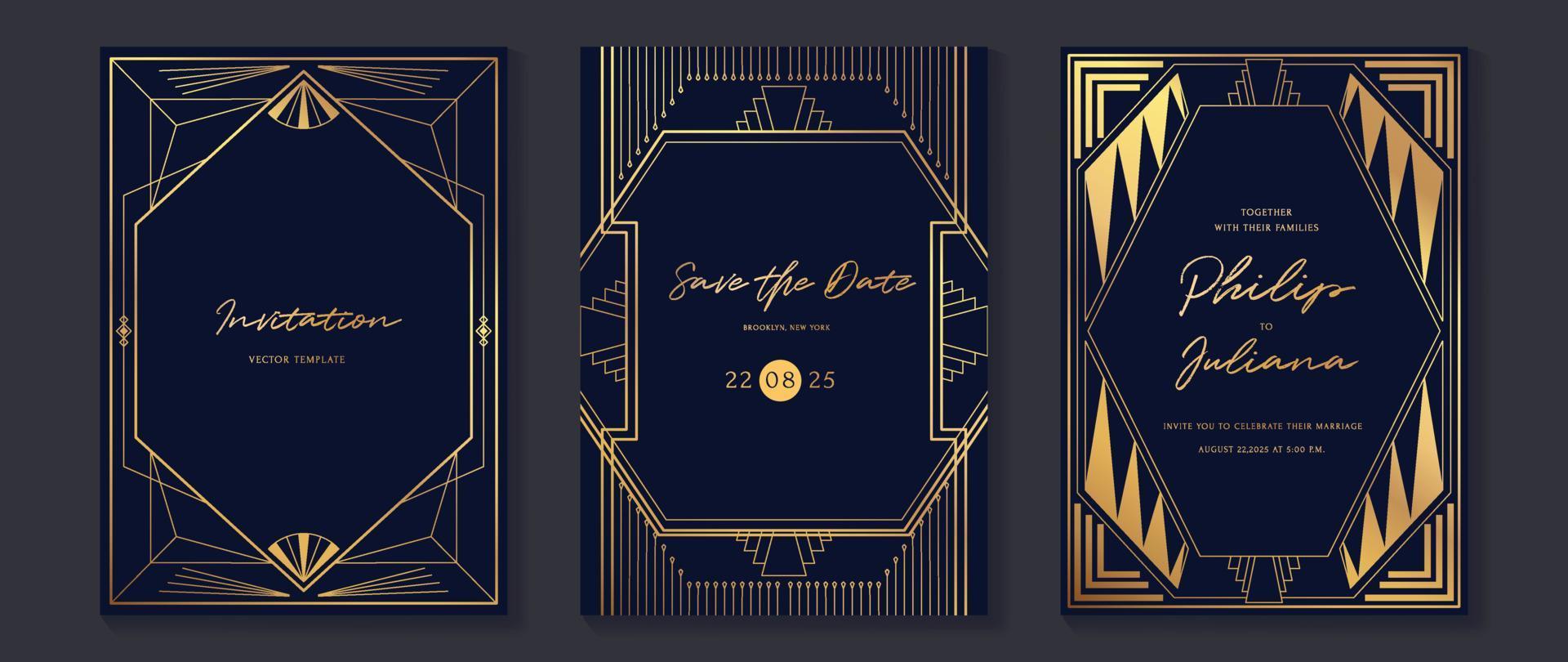 Luxury wedding invitation card background vector. Golden elegant geometric art deco gatsby style line art frame. Premium design illustration for wedding and vip cover template, banner, poster. vector