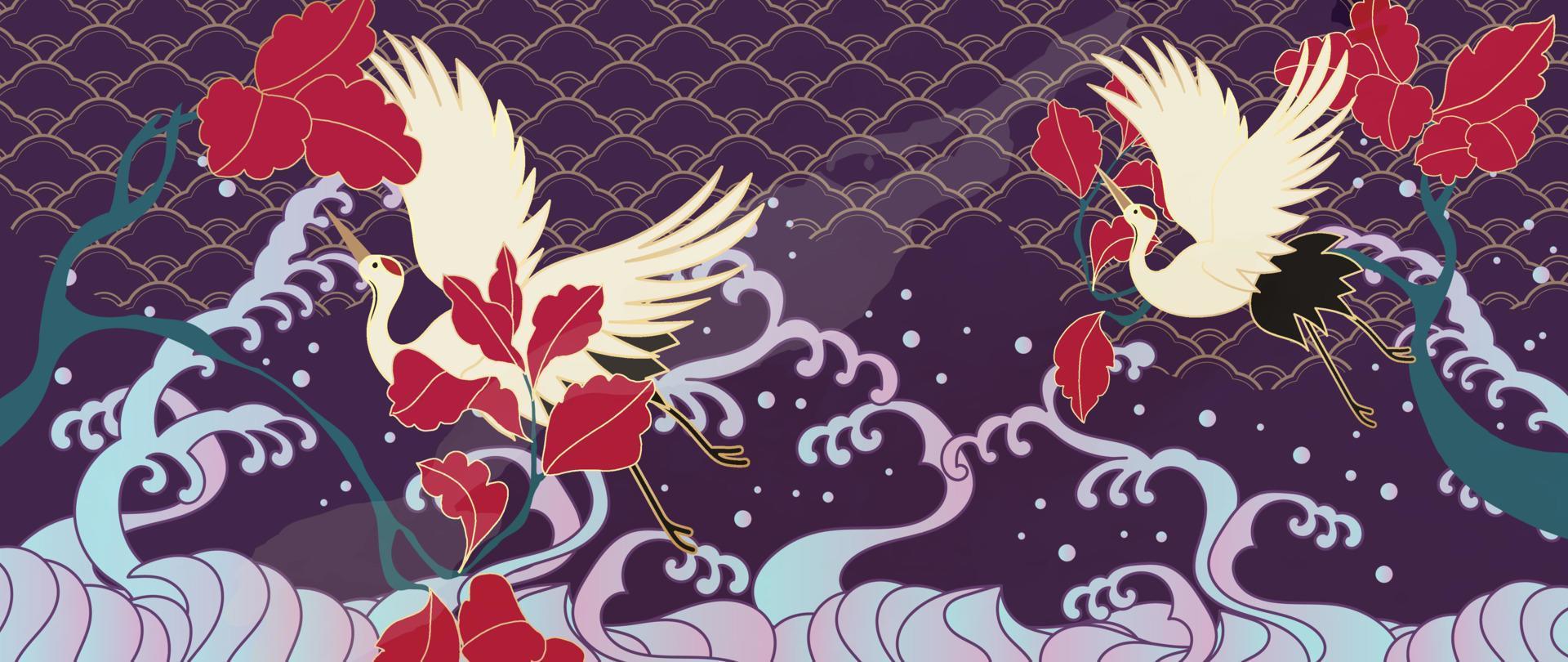 Luxury abstract oriental pattern background vector. Elegant japanese pattern gold line art design with crane birds, leaf branch and water splash. Design illustration for home decoration, card, poster. vector