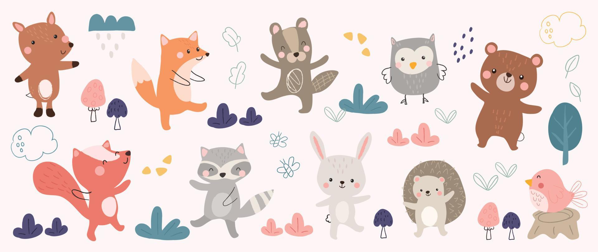 Cute animals vector set. Cartoon cheerful animals dancing parade of fox