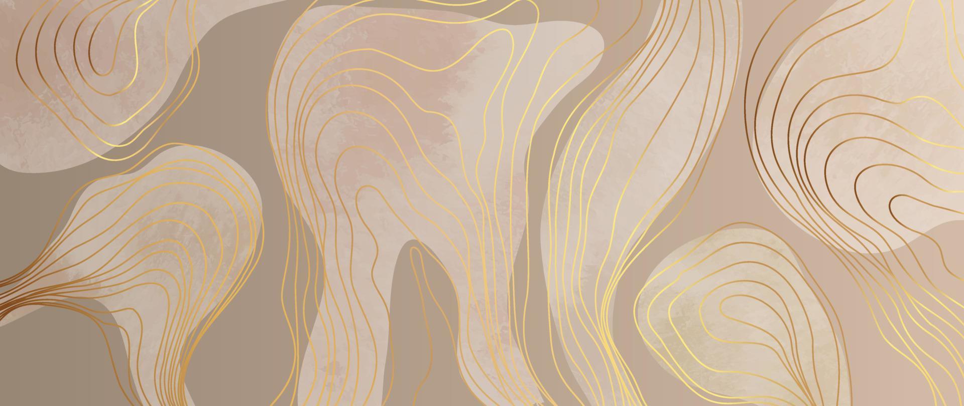 Luxury abstract line art background vector. Wallpaper design with gold curve line art pattern, earth tone watercolor texture background. Design illustration for home decoration, card, poster, banner. vector