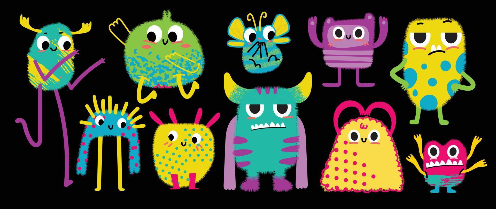 Cute and Kawaii monster icon set. Collection of cute cartoon monster in different playful characters. Funny devil, alien, demon and creature flat, dot texture. Design for kids, comic, education. vector
