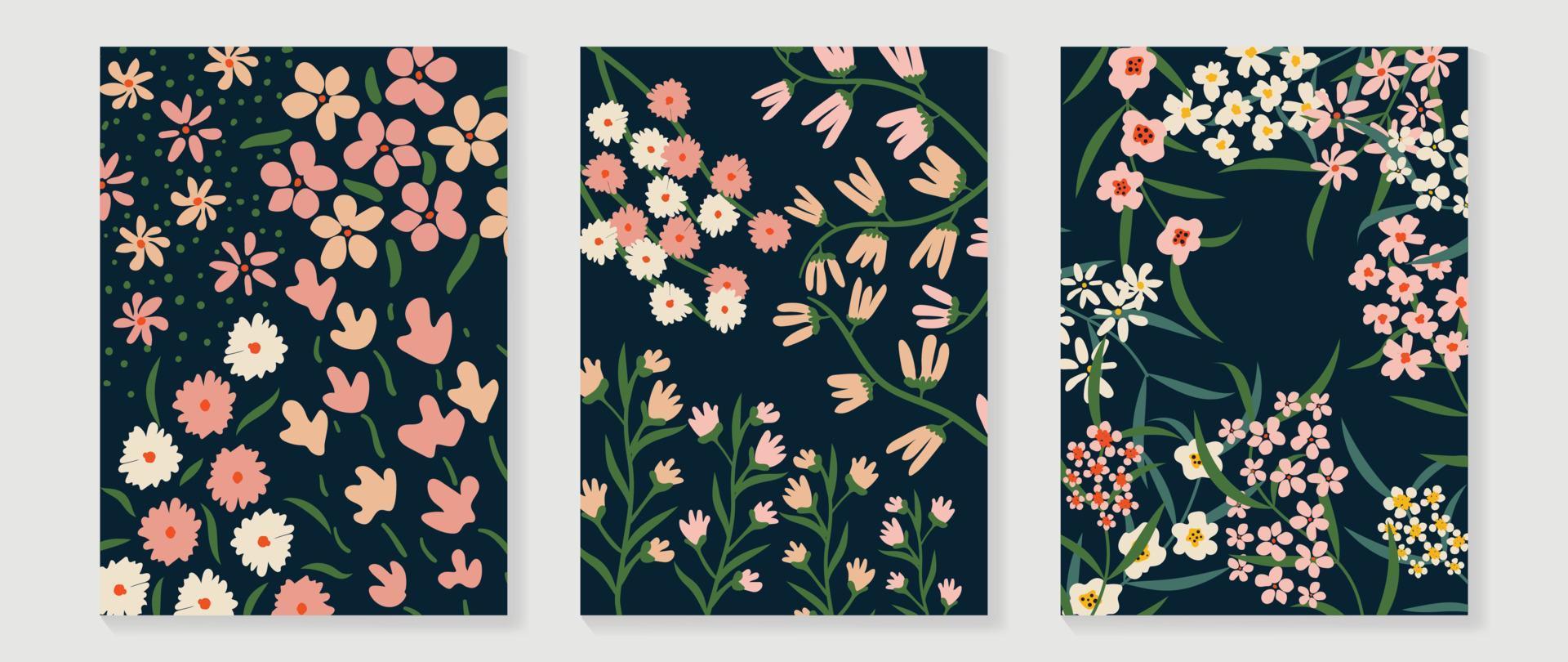 conjunto de resumen floral pared Arte vector. primavera flor jardín, prado, césped, diferente flores en mano dibujado estilo. botánico pared decoración colección diseño para interior, póster, cubrir, bandera. vector