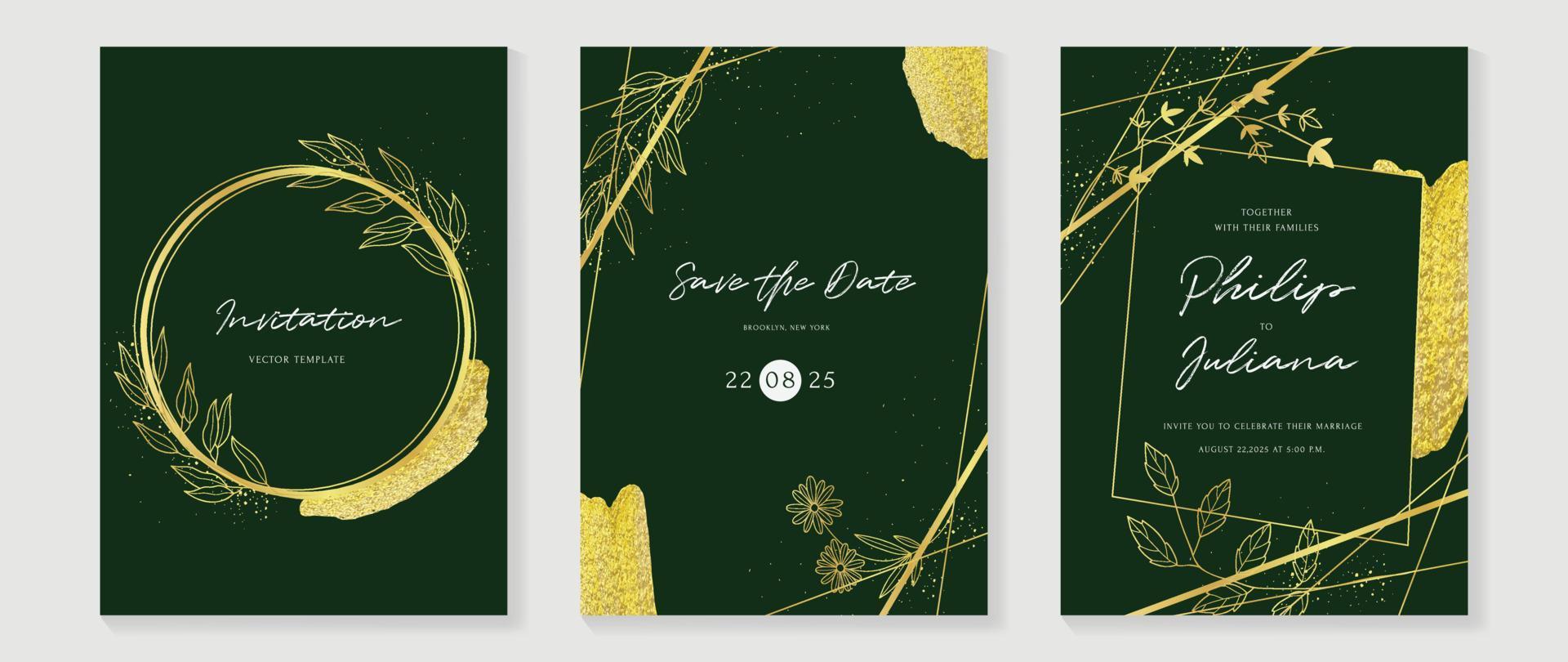 Luxury wedding invitation card background vector. Geometric gold frame and leaf branch line art with gold foil texture. Premium design illustration for wedding and vip cover template, banner, poster. vector