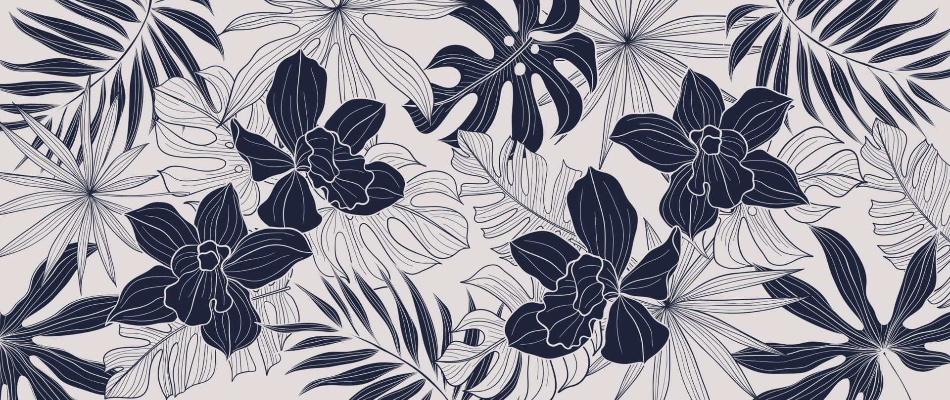 tropical hoja línea Arte antecedentes vector. natural monstera palma hojas y orquídea flor modelo diseño en mínimo lineal contorno estilo. diseño para tela, imprimir, cubrir, bandera, decoración, fondo de pantalla. vector