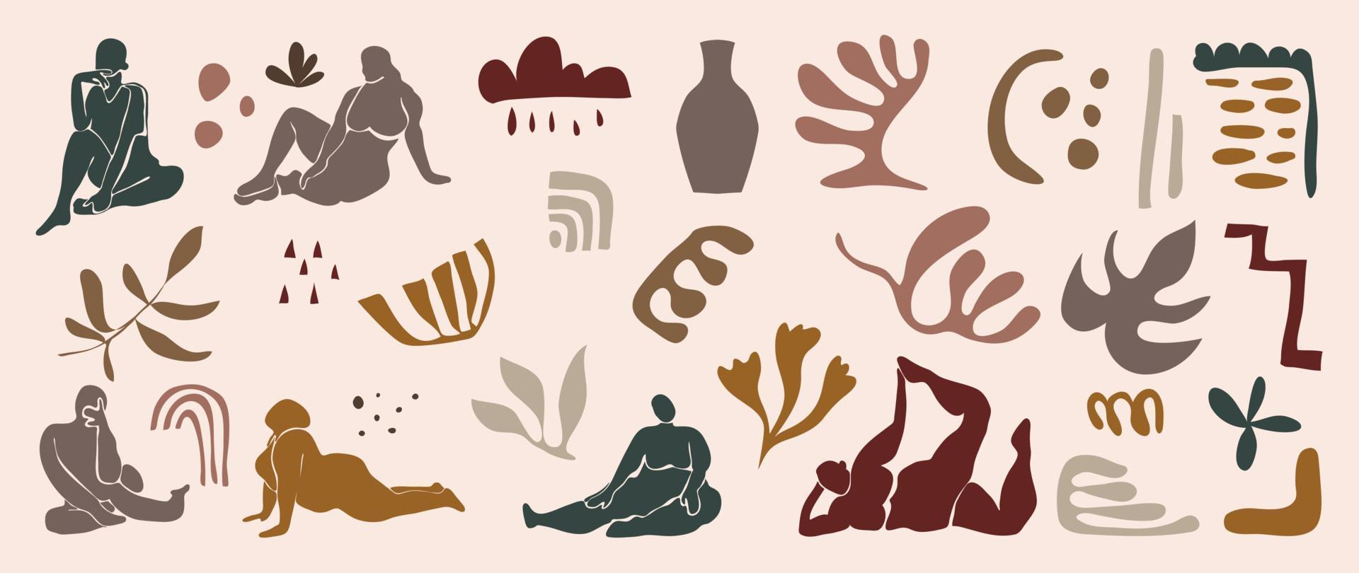 Set of abstract organic shapes inspired by matisse. Female body nude posture, vase, leaf papercut style earth tone color. Contemporary aesthetic vector element for logo, decoration, print, cover.