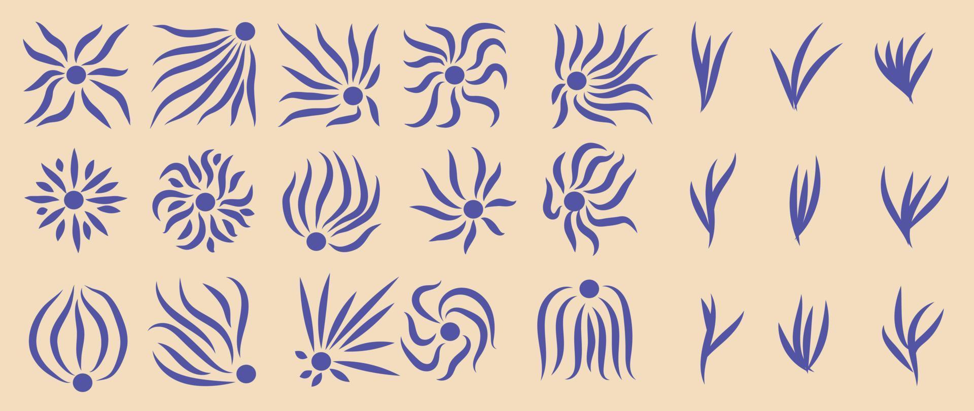 Set of abstract organic shapes inspired by matisse. Contemporary aesthetic vector element in groovy doodle botanical flower art shape blue color. Retro hippie style for logo, decoration, print, cover.