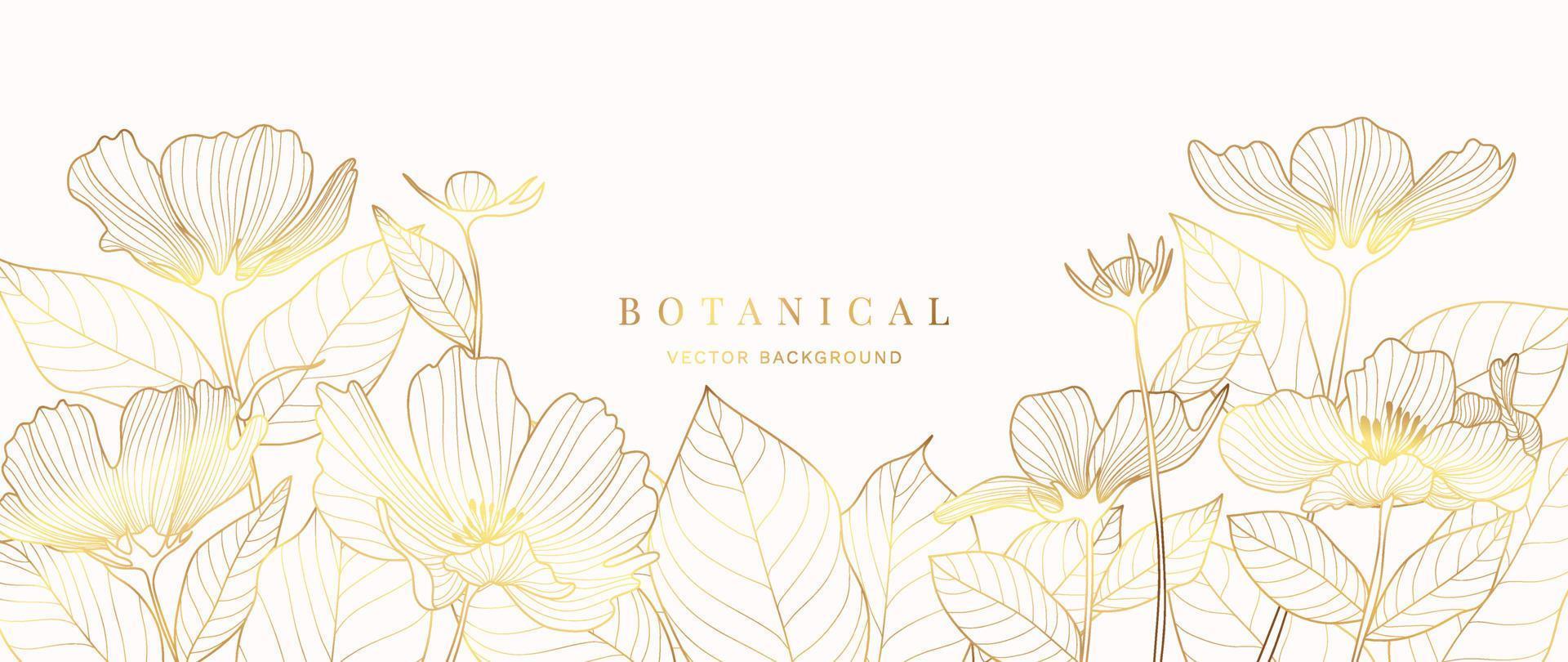 Luxury tropical flower golden line art wallpaper. Elegant gradient botanical cosmos flowers background. Delicate design for decorative, wedding card, home decor, packaging, print, cover, banner. vector