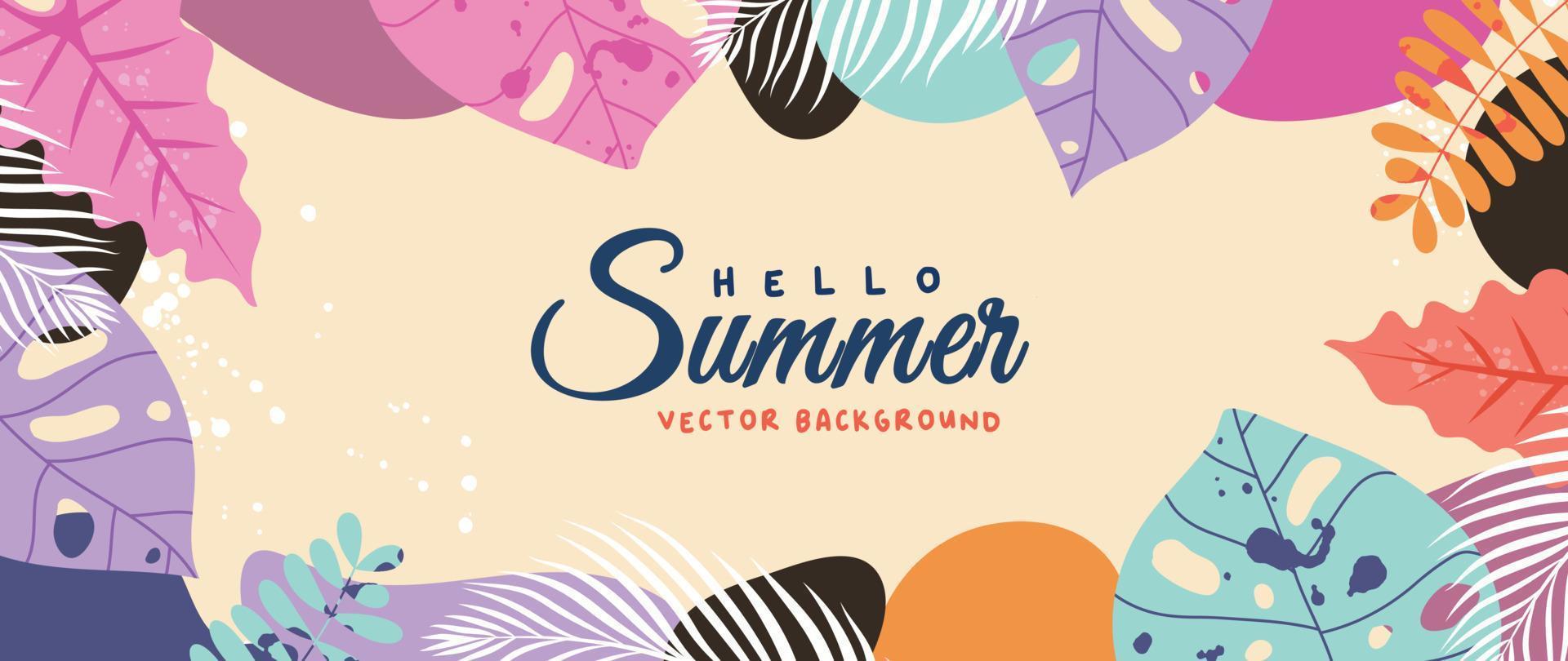 Hello Summer background vector. Colorful wallpaper with fresh vibrant tropical jungle exotic plants, monstera, palm leaves. Happy summertime design for poster, cover, banner, ads, social media. vector