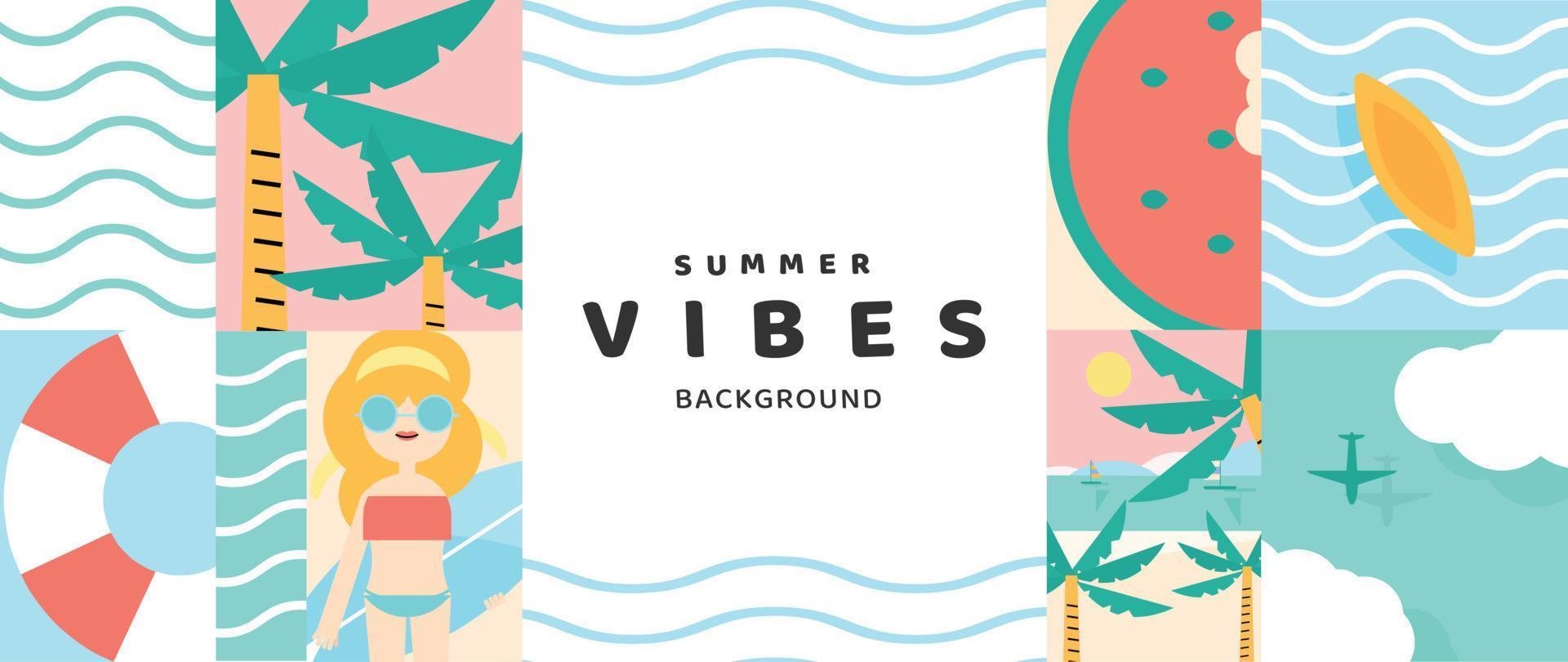 Summer geometric background vector. Colorful abstract wallpaper with simple shapes, watermelon, woman in bikini, beach, sea wave. Happy summertime symbol illustration design for poster, cover, banner. vector