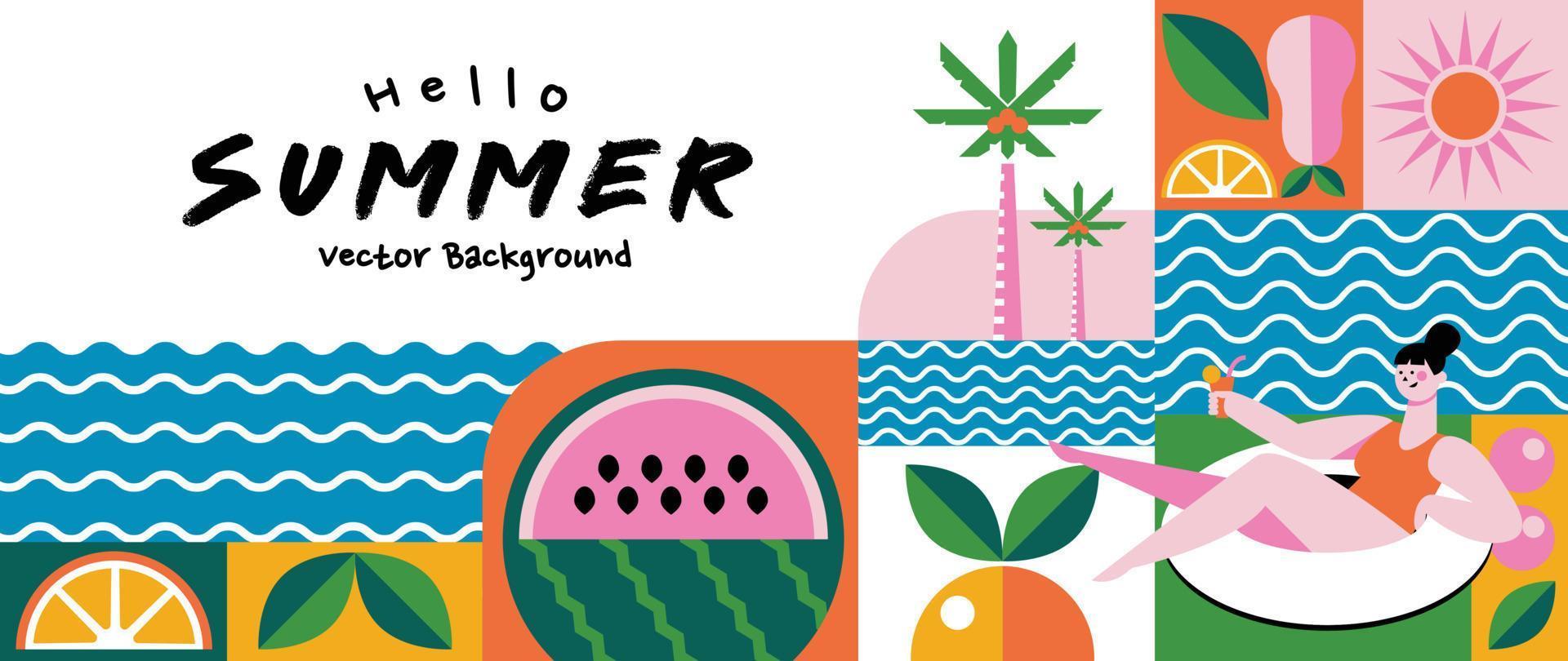 Summer geometric background vector. Colorful abstract wallpaper with simple shapes, watermelon, oranges, woman in swimming suit. Happy summertime symbol illustration design for poster, cover, banner. vector