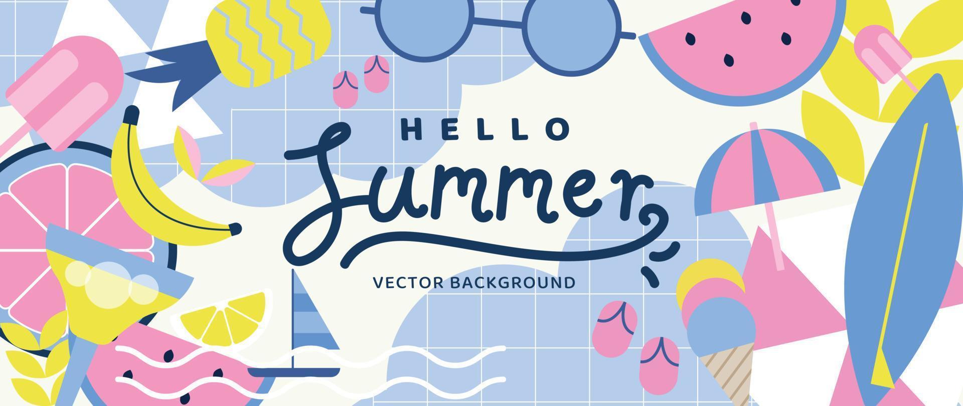 Summer geometric background vector. Colorful abstract wallpaper with simple shapes, watermelon, lemon, ice-cream, sun glasses. Happy summertime symbol illustration design for poster, cover, banner. vector