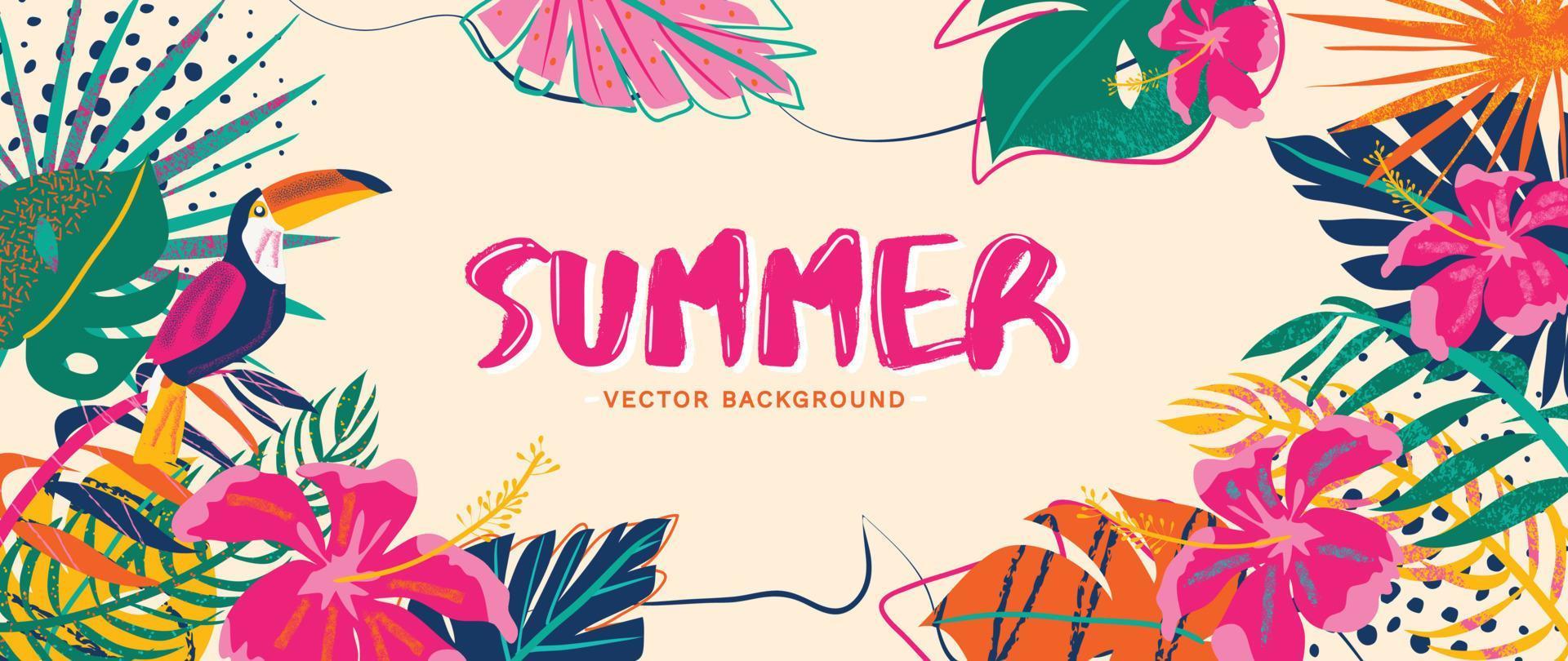 Summer tropical jungle background vector. Colorful botanical with exotic plants, hornbill, hibiscus flowers, palm leaf, grunge texture. Happy summertime illustration for poster, cover, banner, prints. vector