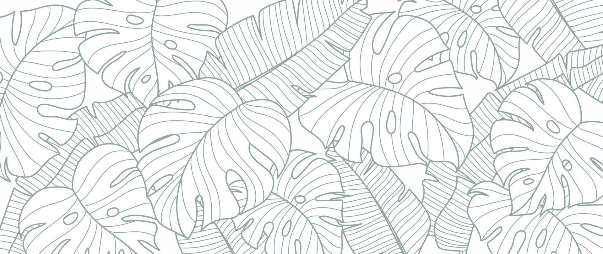 Tropical leaf line art wallpaper background vector. Natural monstera and banana leaves pattern design in minimalist linear contour simple style. Design for fabric, print, cover, banner, decoration. vector