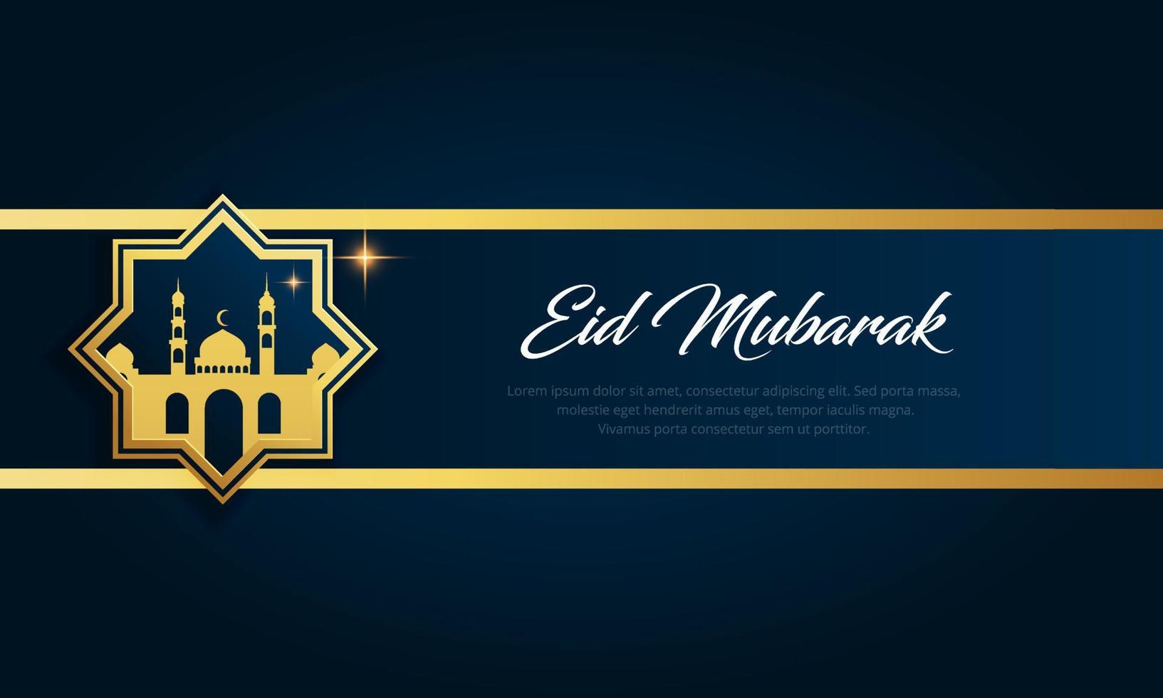 elegante eid Mubarak diseño bandera modelo con mezquita y creciente Luna vector. vector