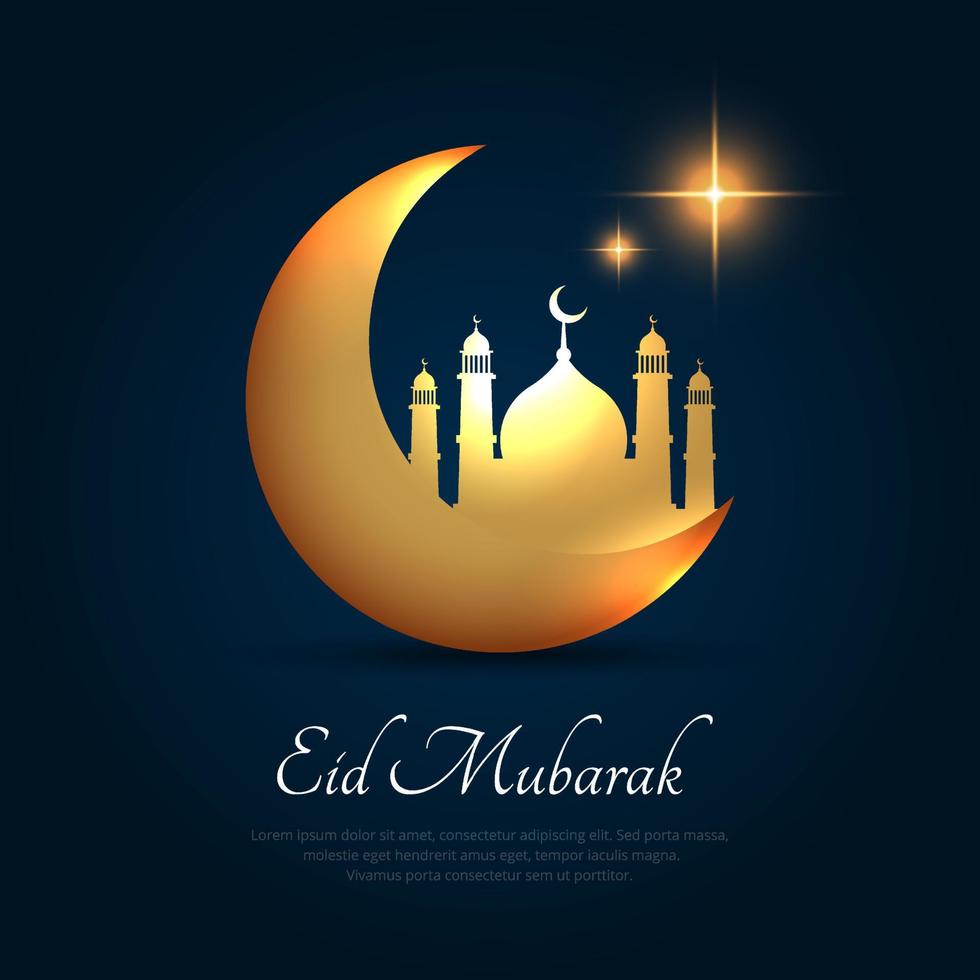 Elegant eid mubarak design background with mosque and crescent moon vector. Simple and clean ramadan kareem background vector