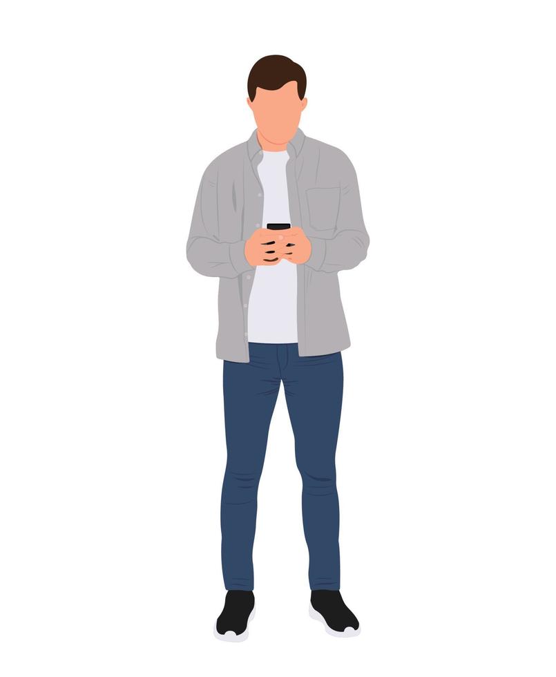 hombre con móvil teléfono, masculino personaje participación célula teléfono vector