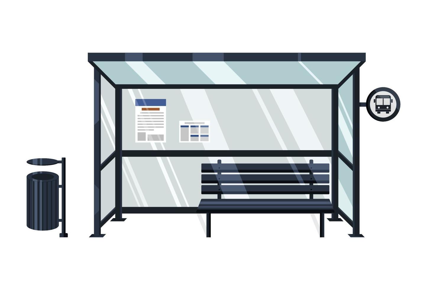Bus Stop Illustration, Public Transport Bus Station With Trash Can vector