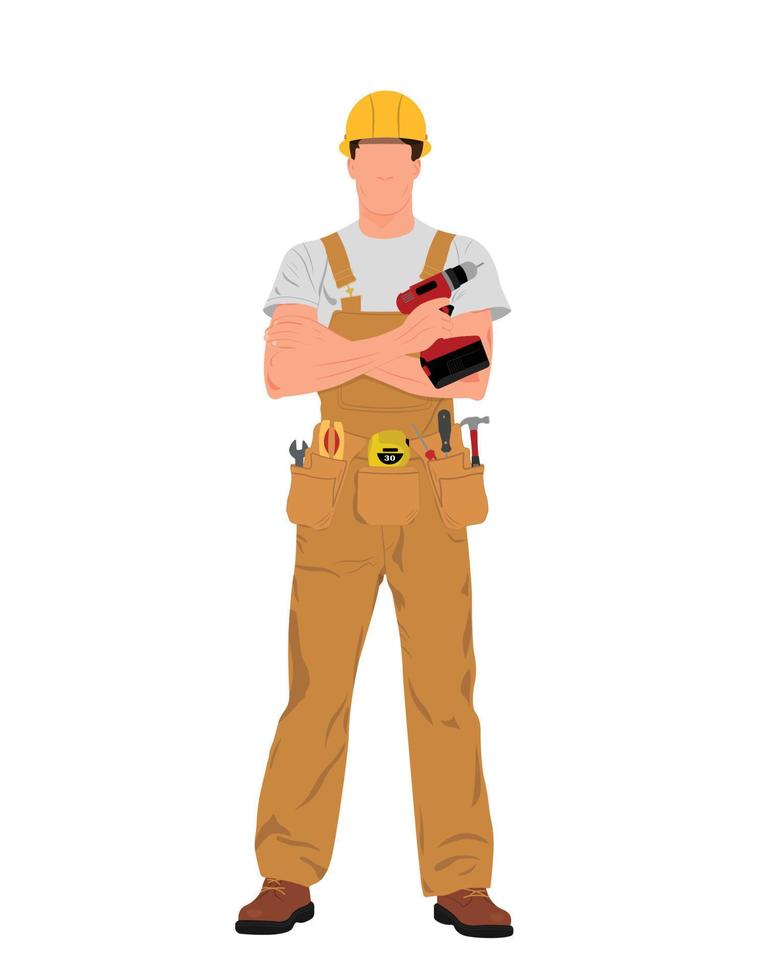 Contractor Worker, Handyman In Overall And Tool Belt Holding Drill, Repair Craftsman Illustration vector