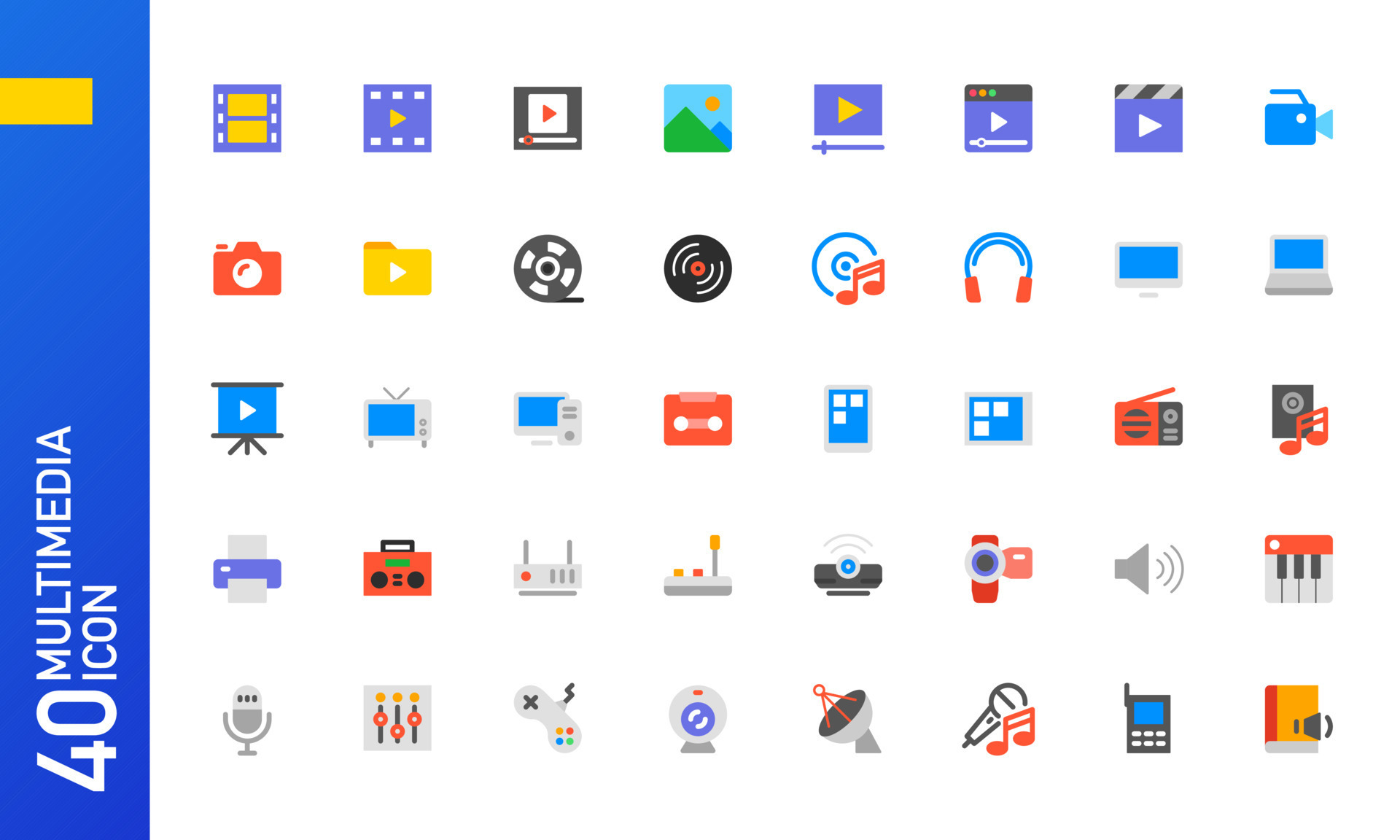 Multimedia icon set. Collection of multicolored flat icons for mobile