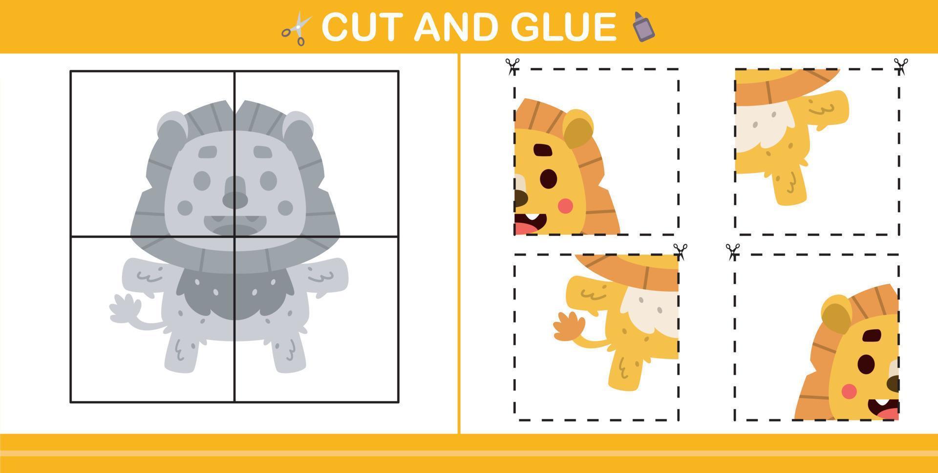 cute cartoon lion.education paper game for kindergarten and preschool.cut and glue game for kids vector