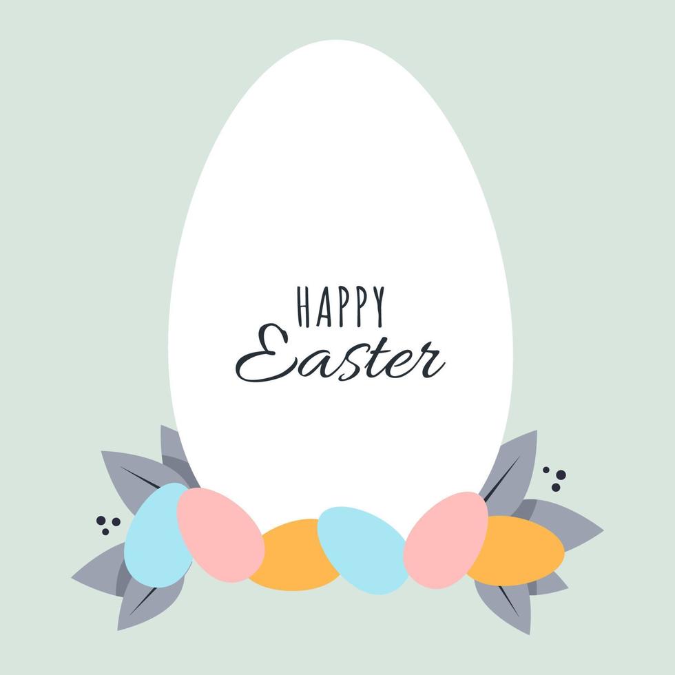 White egg with the inscription happy easter and small colored eggs with leaves vector