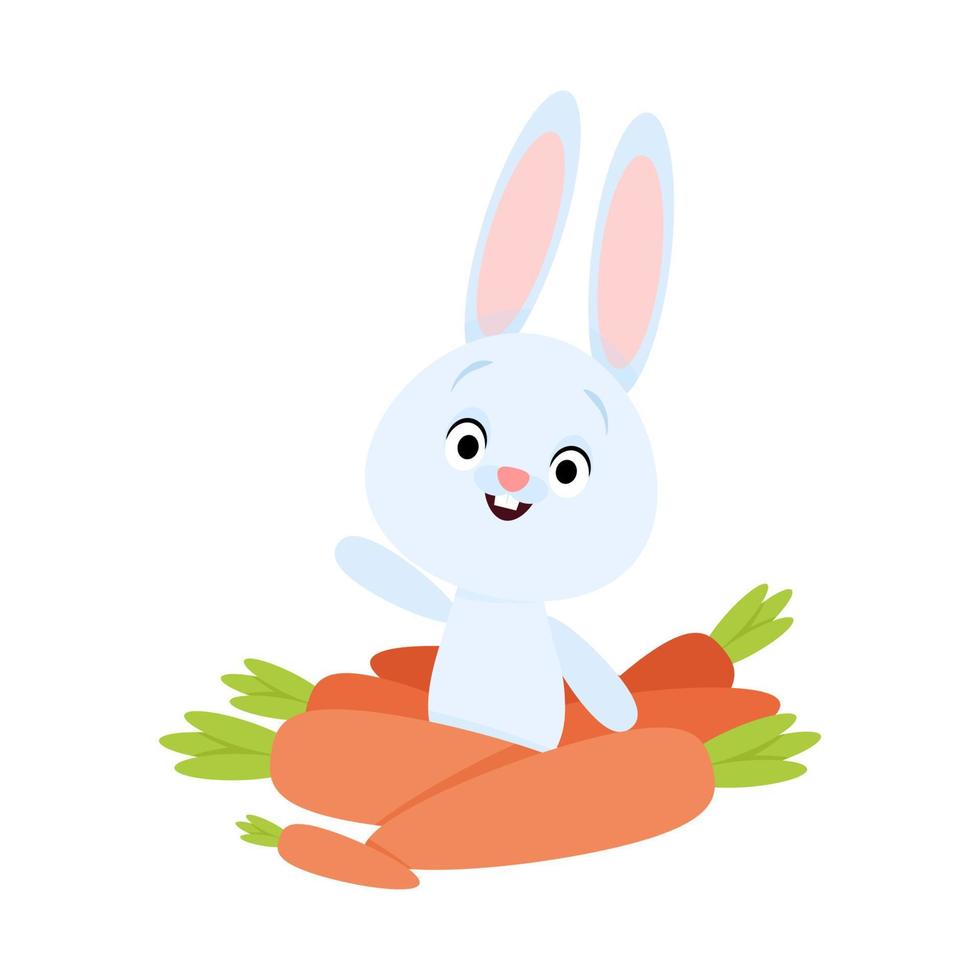 Cute Easter blue bunny sits next to an orange carrot vector