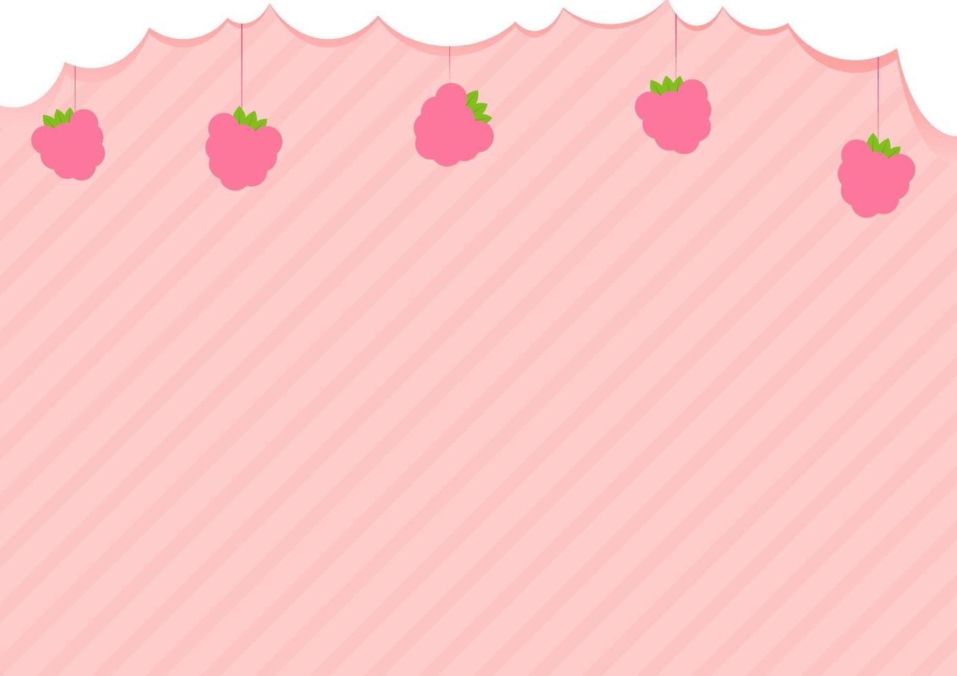 Cute pink background with white clouds on top and raspberries vector