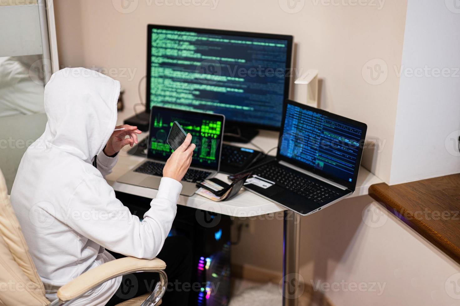 Boy hacker fraudulently use credit card for payment. Internet theft . Man wearing a balaclava with lollipop and holding a credit card while sat behind a laptop. photo