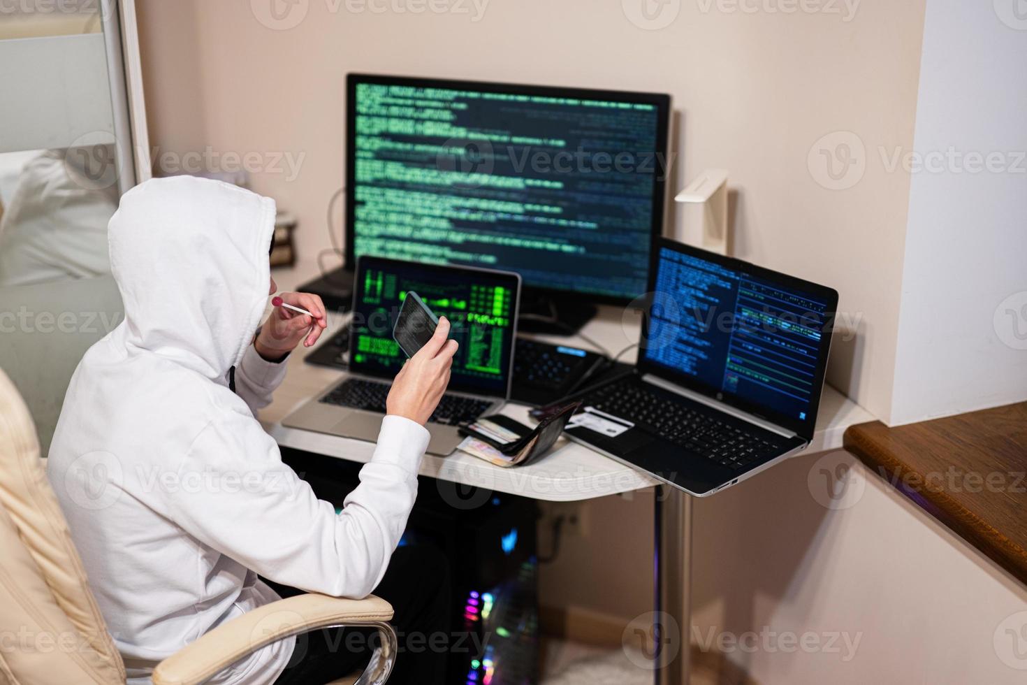 Boy hacker fraudulently use credit card for payment. Internet theft . Man wearing a balaclava with lollipop and holding a credit card while sat behind a laptop. photo