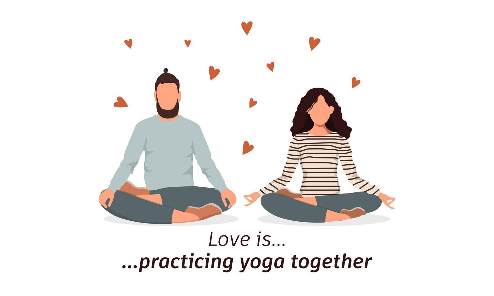 Woman and man meditating sitting in lotus pose isolated on the white background. Relax concept. Couple in love practicing yoga together. Vector illustration