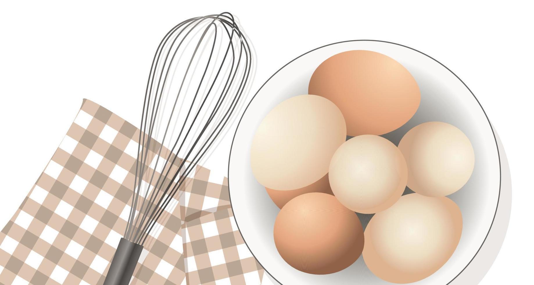Ingredients for bakery, cooking process. Raw eggs and mixing whisk, checkered napkin. Vector illustration isolated on white background