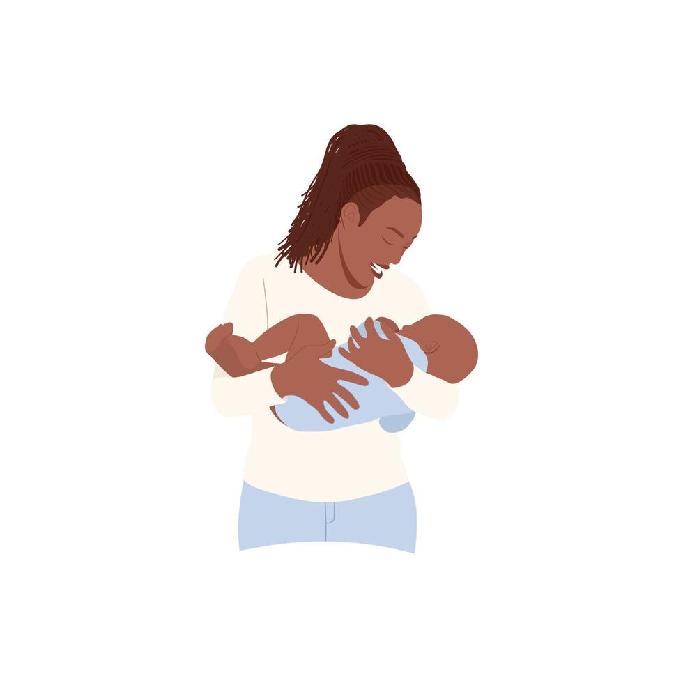 African American woman feeding infant with breastmilk. Mother holding her child, who suckling breast. Dark skinned mom breastfeeding her newborn baby. Vector illustration isolated on white background