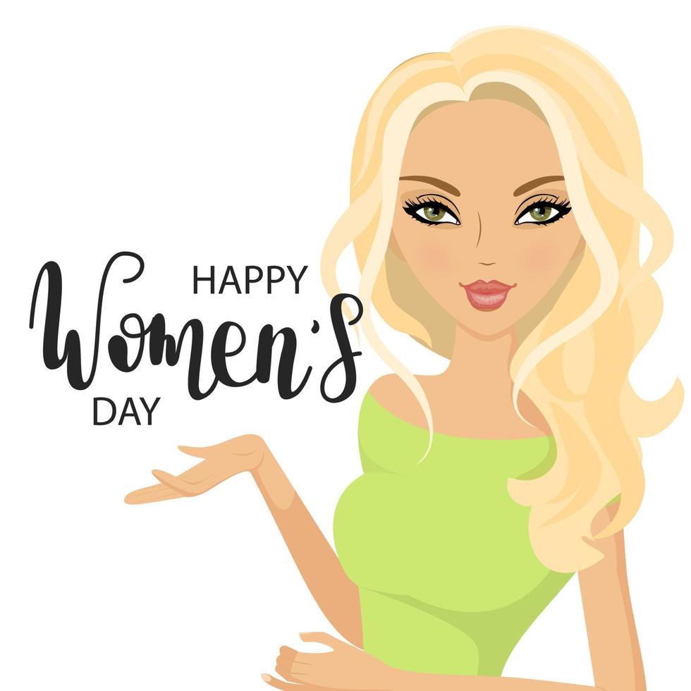 Happy Women's Day greeting card. Nice girl. Hand drawn vector line ...