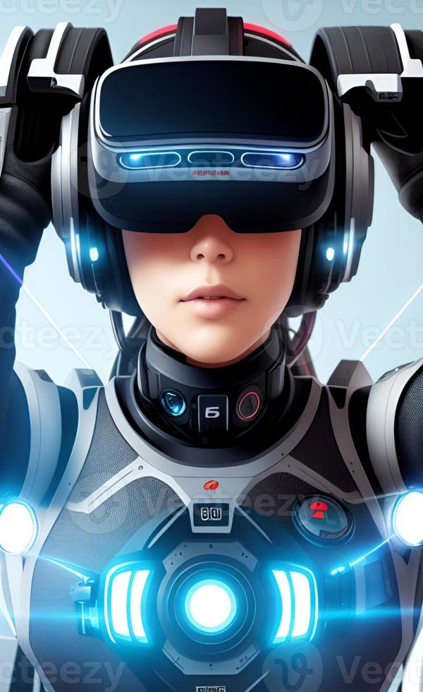 metaverse virtual reality illustration of robots and futuristic human users photo