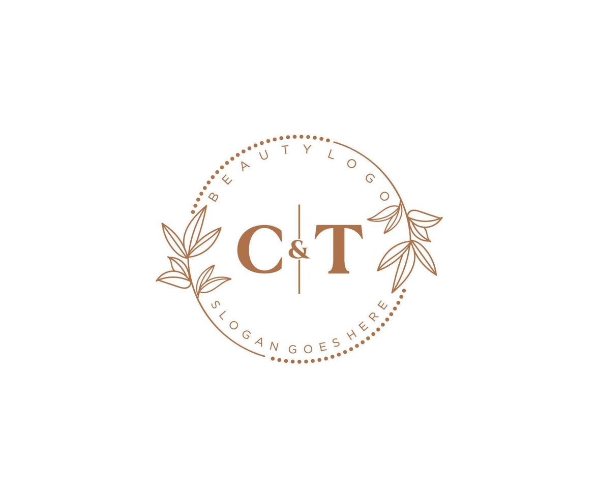 initial CT letters Beautiful floral feminine editable premade monoline logo suitable for spa salon skin hair beauty boutique and cosmetic company. vector