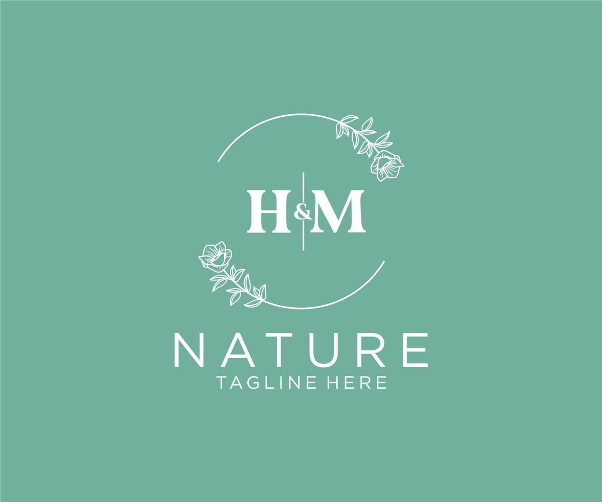 initial HM letters Botanical feminine logo template floral, editable premade monoline logo suitable, Luxury feminine wedding branding, corporate. vector