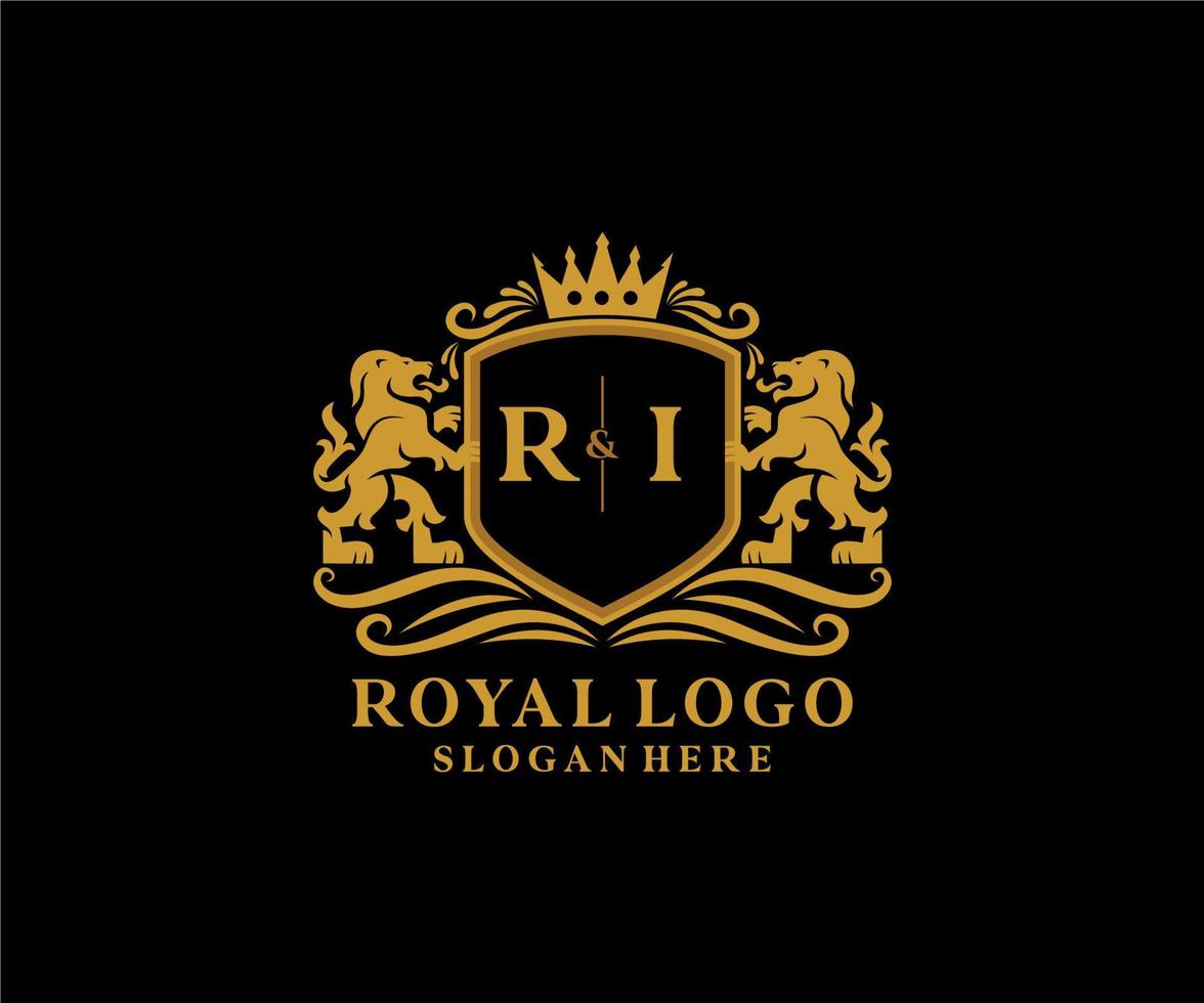 Initial RI Letter Lion Royal Luxury Logo template in vector art for Restaurant, Royalty, Boutique, Cafe, Hotel, Heraldic, Jewelry, Fashion and other vector illustration.