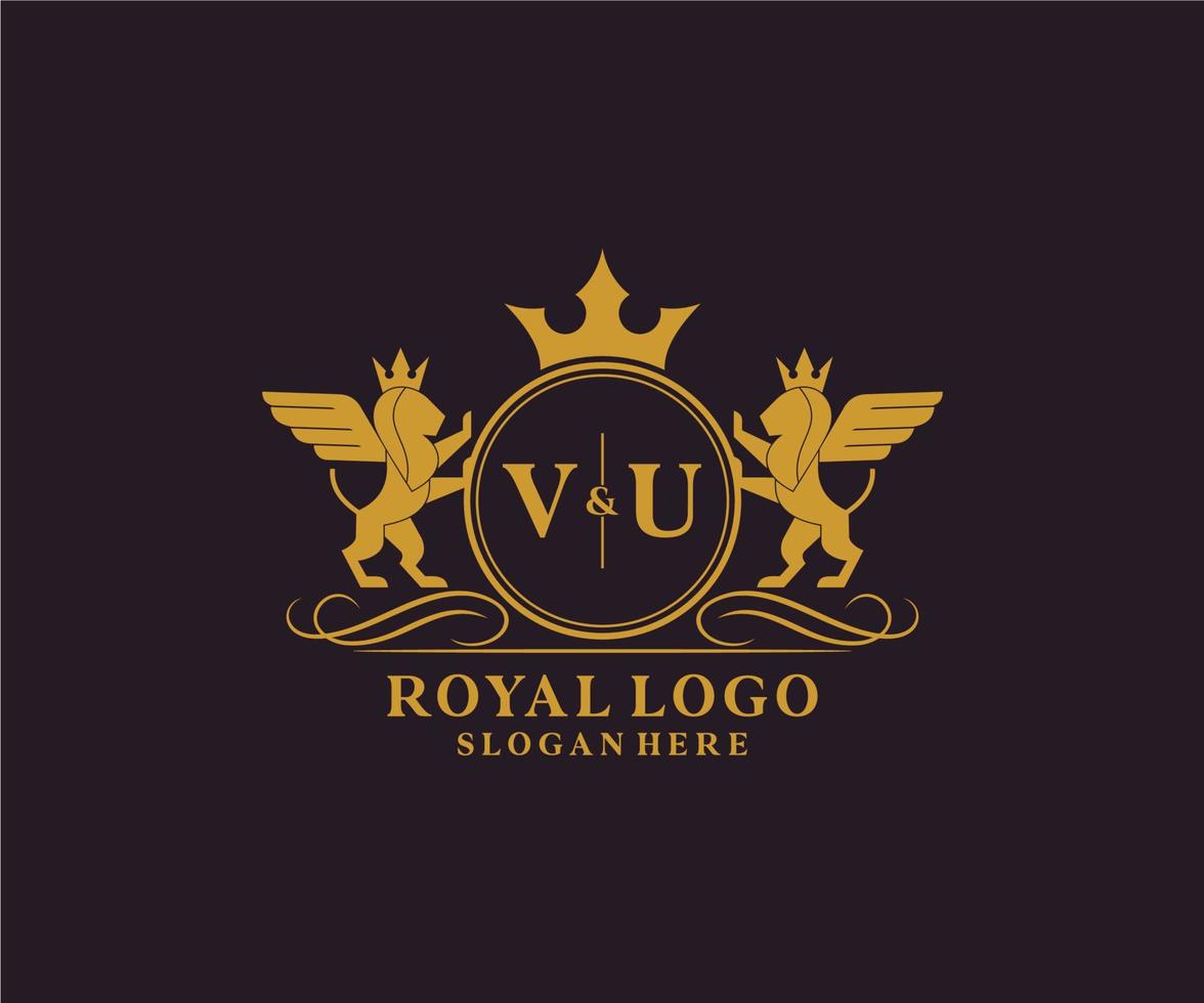 Initial VU Letter Lion Royal Luxury Heraldic,Crest Logo template in vector art for Restaurant, Royalty, Boutique, Cafe, Hotel, Heraldic, Jewelry, Fashion and other vector illustration.