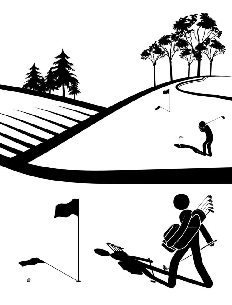 stick figere, player golfers athletes play golf on the field. Active lifestyle outdoors. Vector