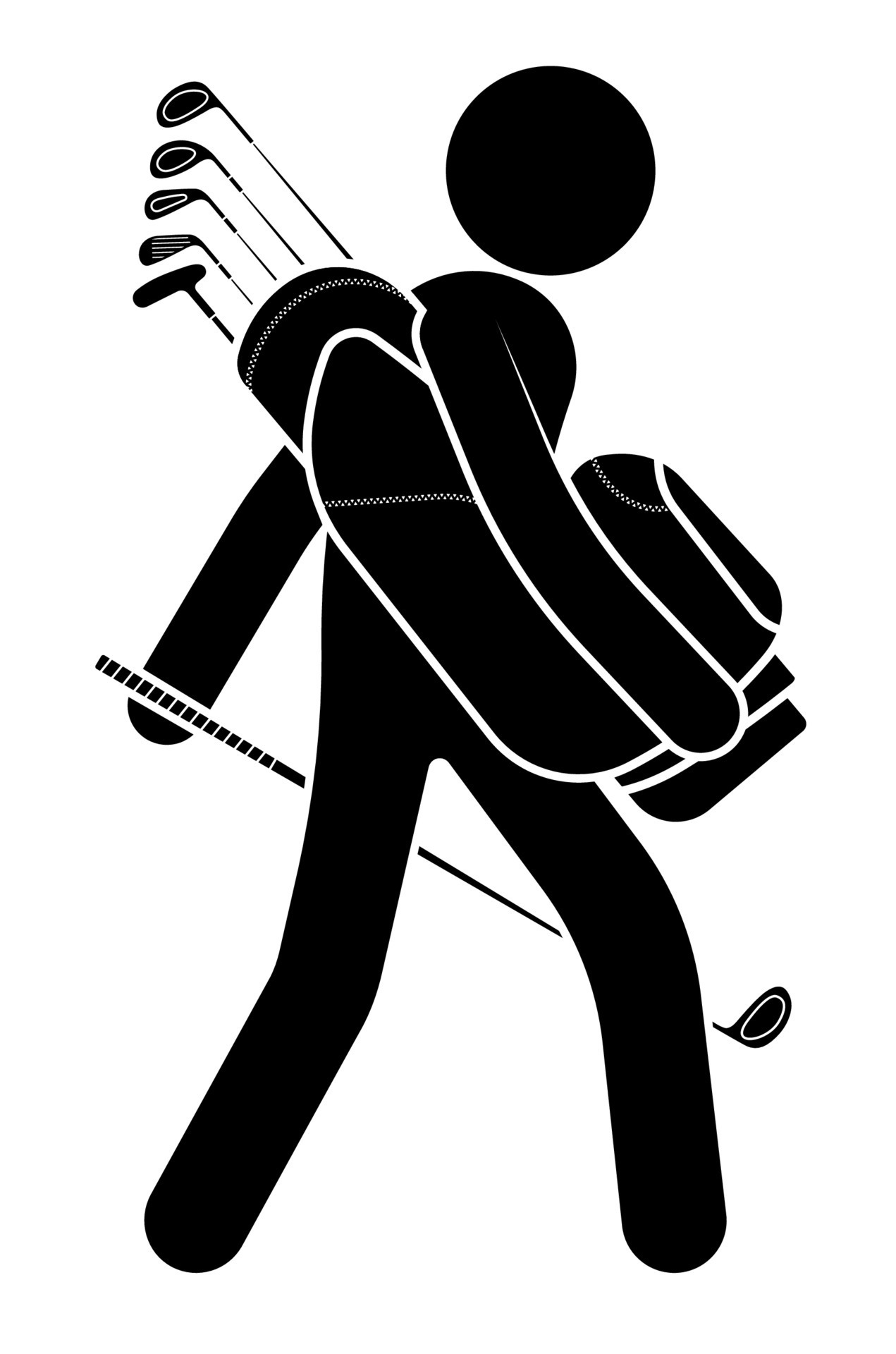 stick figure, golfer walks with large gym bag with golf clubs. Sport
