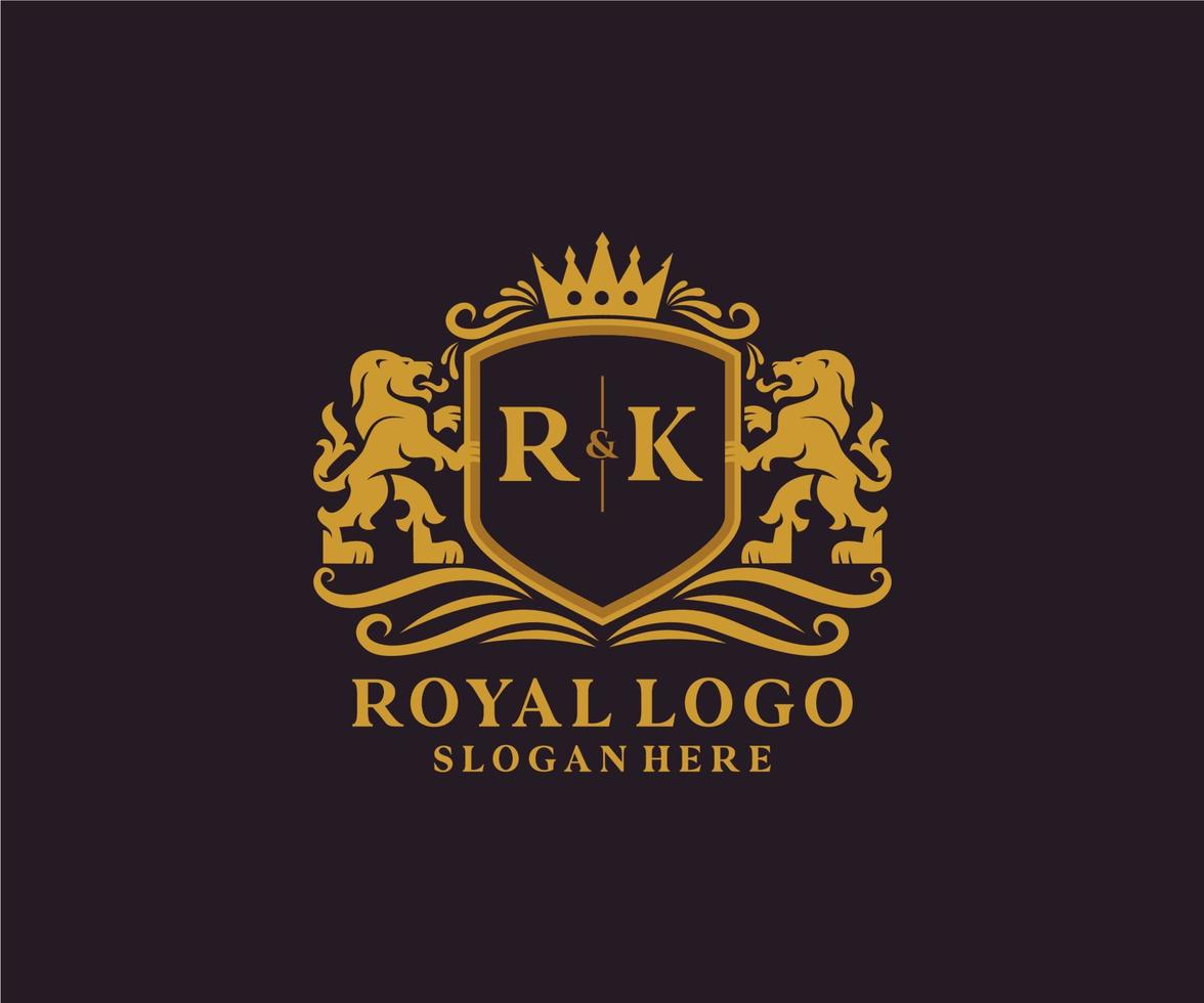 Initial RK Letter Lion Royal Luxury Logo template in vector art for Restaurant, Royalty, Boutique, Cafe, Hotel, Heraldic, Jewelry, Fashion and other vector illustration.