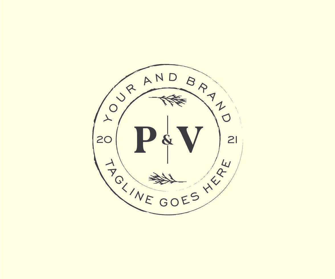 initial PV letters floral frames. Botanical feminine editable premade monoline unique decoration for greeting card, wedding invitation. vector