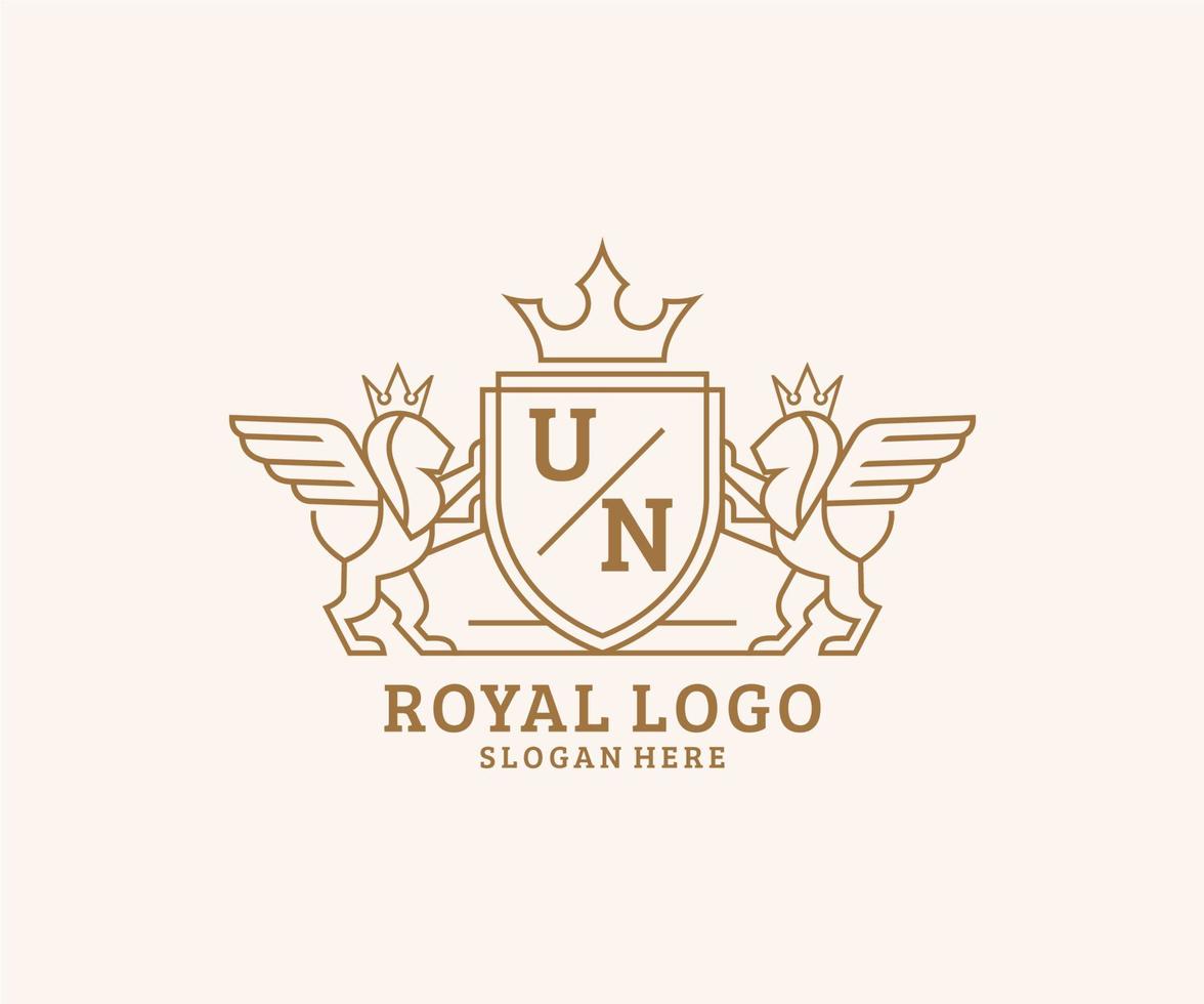 Initial UN Letter Lion Royal Luxury Heraldic,Crest Logo template in vector art for Restaurant, Royalty, Boutique, Cafe, Hotel, Heraldic, Jewelry, Fashion and other vector illustration.